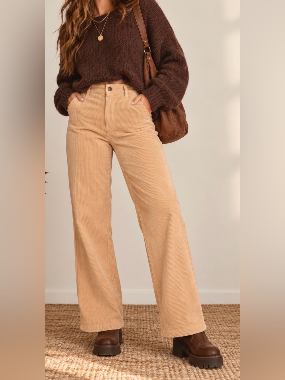 Noisy May High Rise Corduroy Straight Leg Pants Tan Beige Fall Y2K Autumn XS